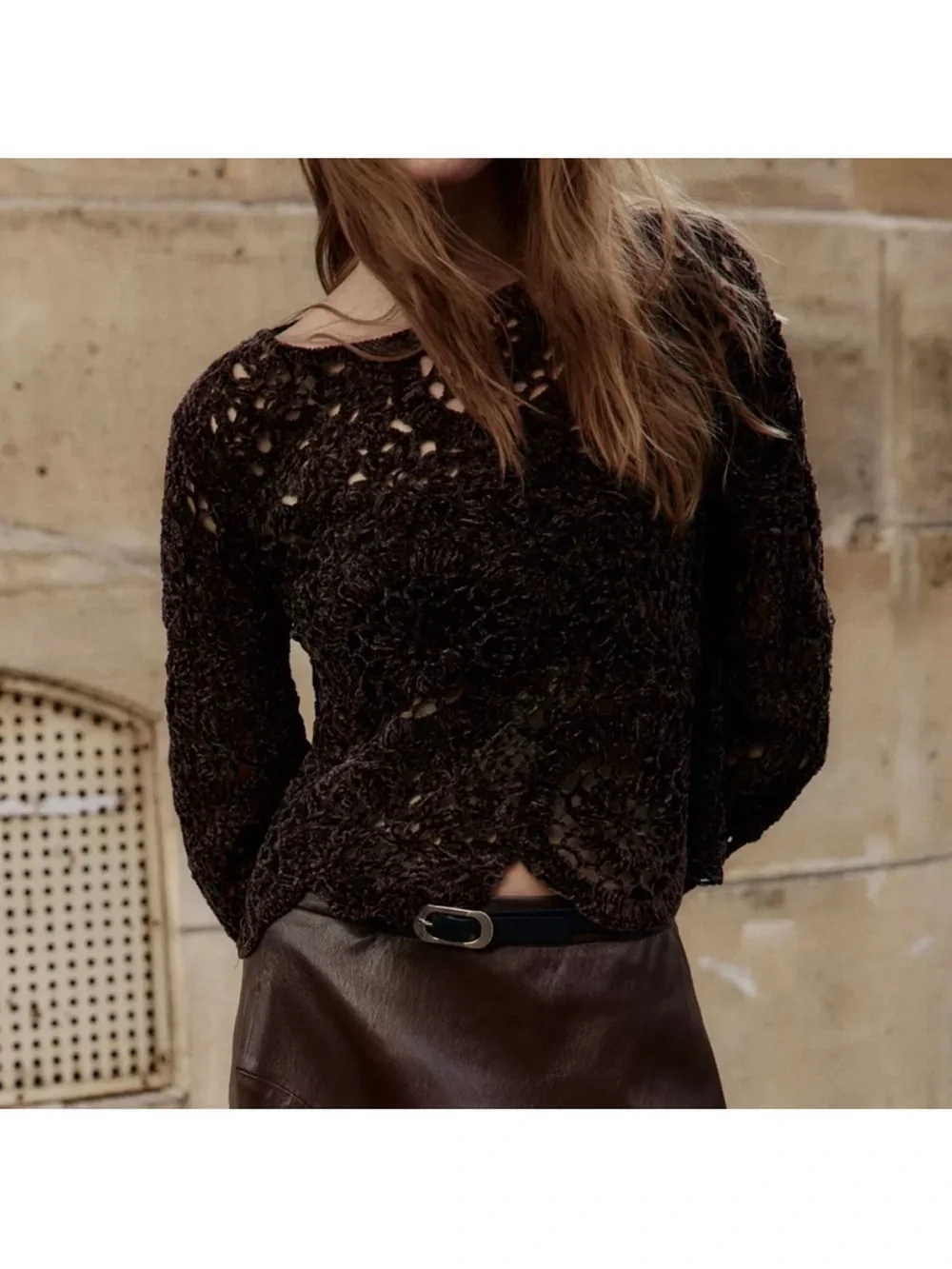 Zara NWT brown knit crochet hollow see through long sleeve top